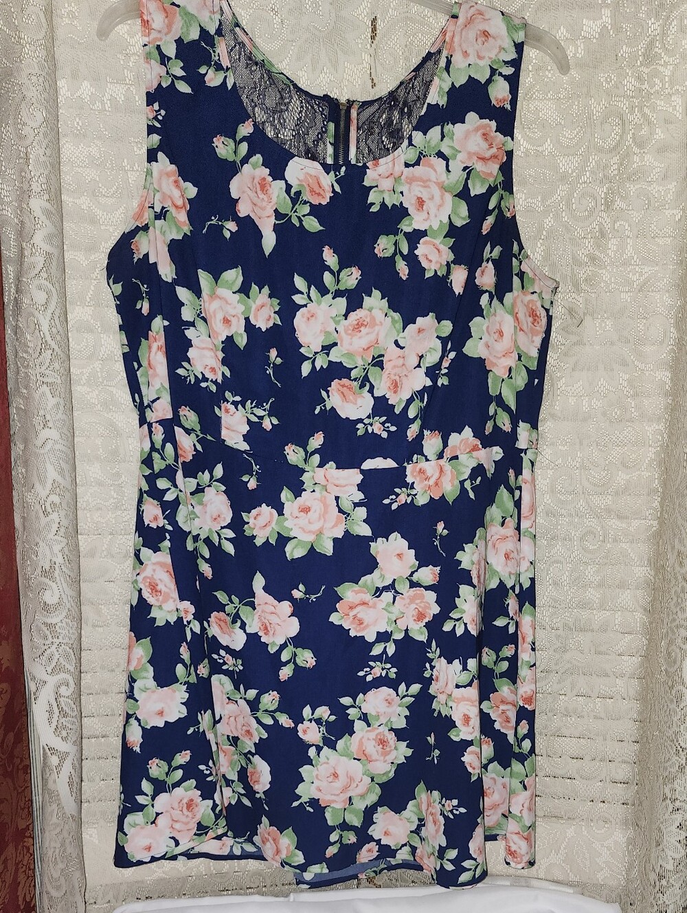 Navy Floral Sleeveless Mini Dress with Pink Roses